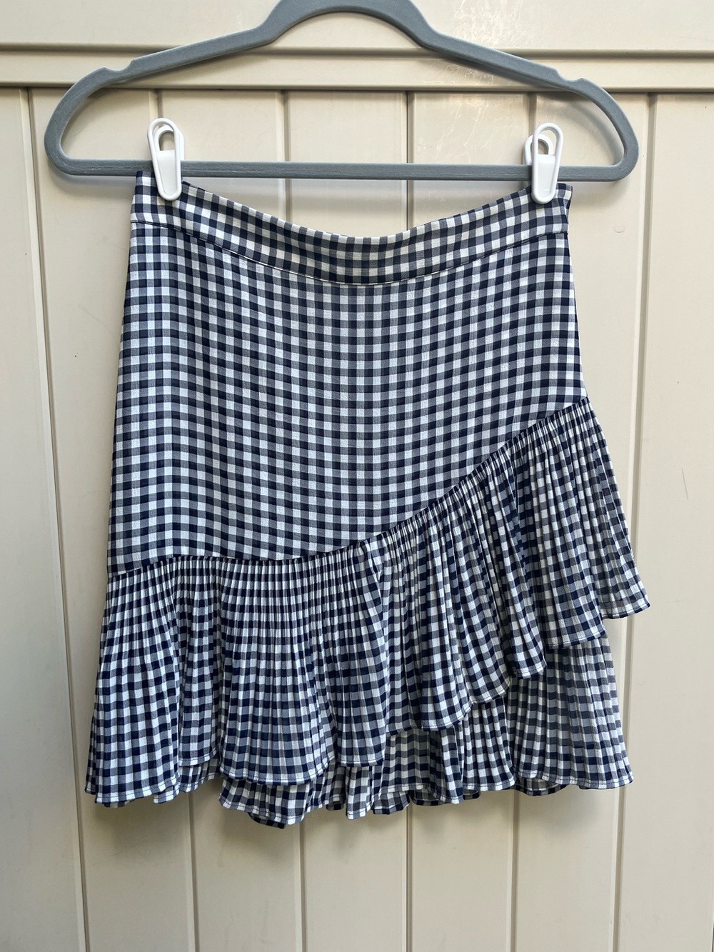 Ann Taylor gingham mini flounce skirt ruffle tiered navy 2P collegiate coquette